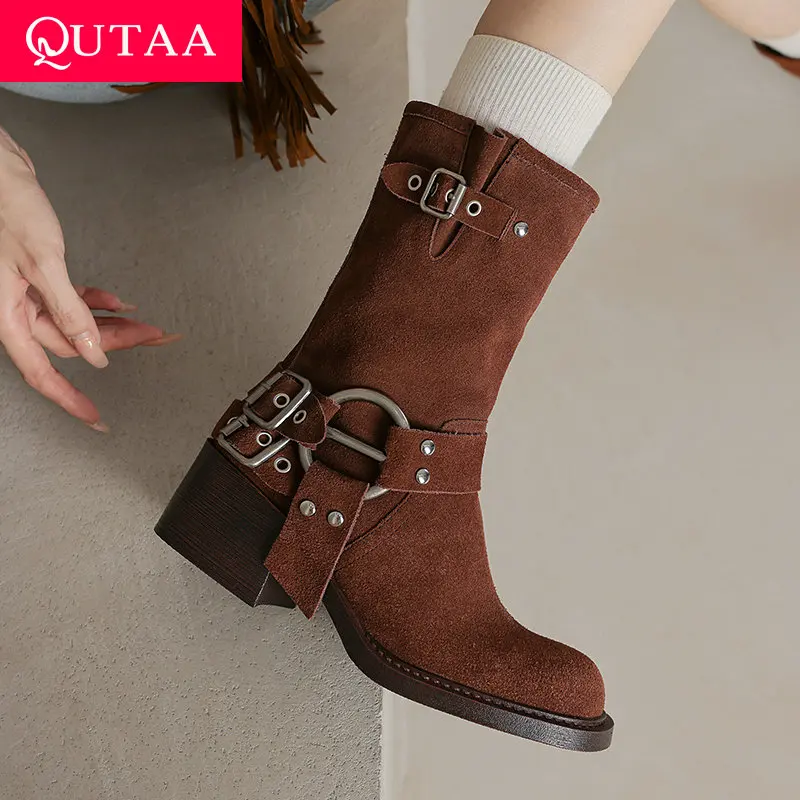 

QUTAA 2025 Fashion Women Mid Calf Boots High Heels Metal Autumn Cowboy Genuine Leather Round toe Winter Boots Shoes Size 34-39