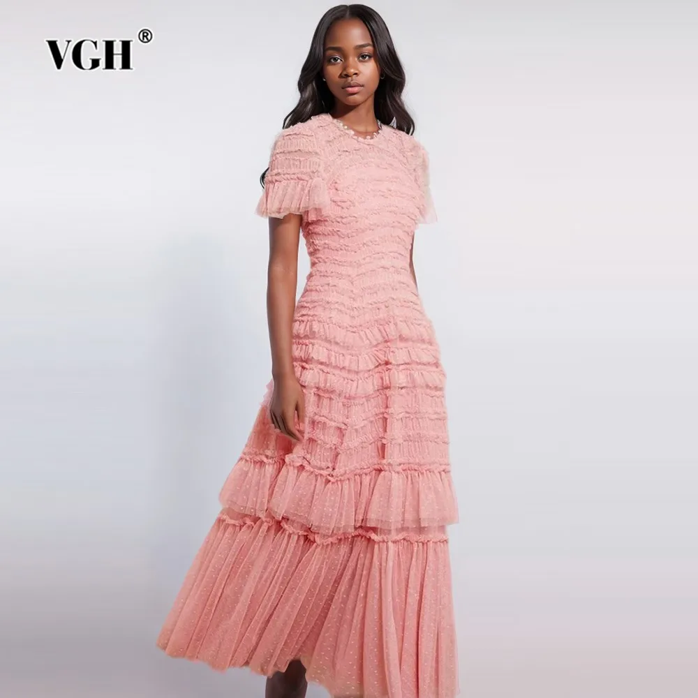 

VGH Elegant Patchwork Edible Tree Fungus Solid Dress For Women Round Neck Short Sleeve High Waist Dresses Female Fashion Style