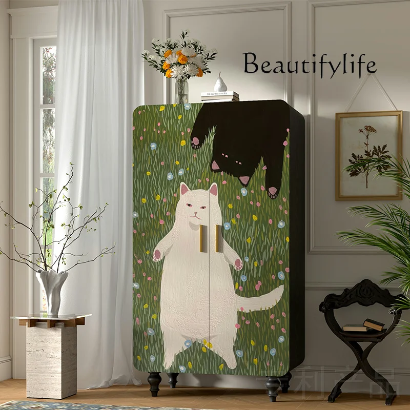 

Modern simple solid wood wardrobe living room decoration cream style painted retro wardrobe