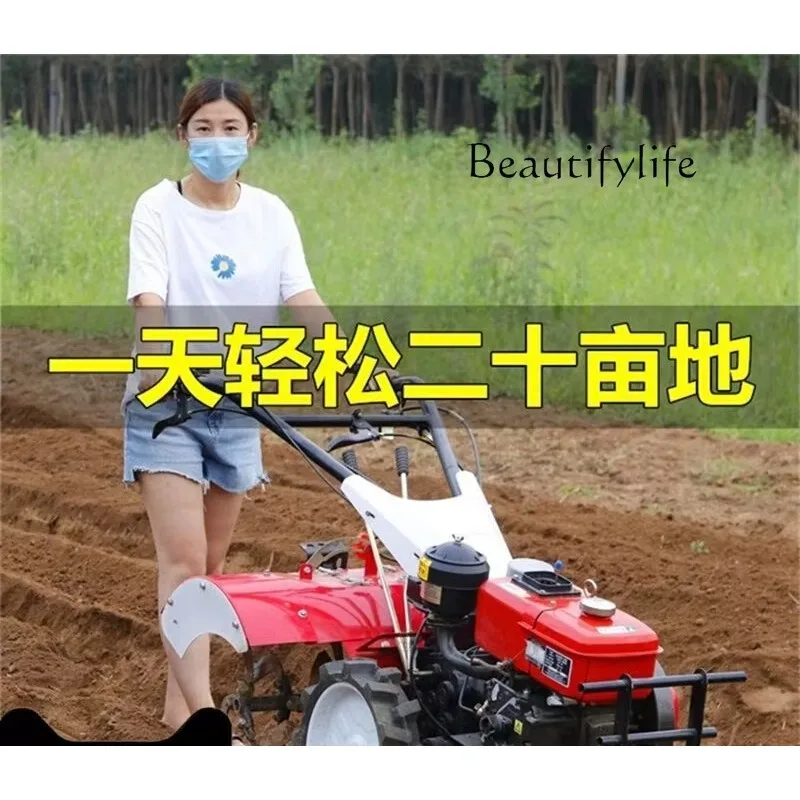 BJ Diesel Micro Tiller Four-wheel Drive Rotary Tiller Agricultural Small Trencher Ploughing Field Ridging Plough
