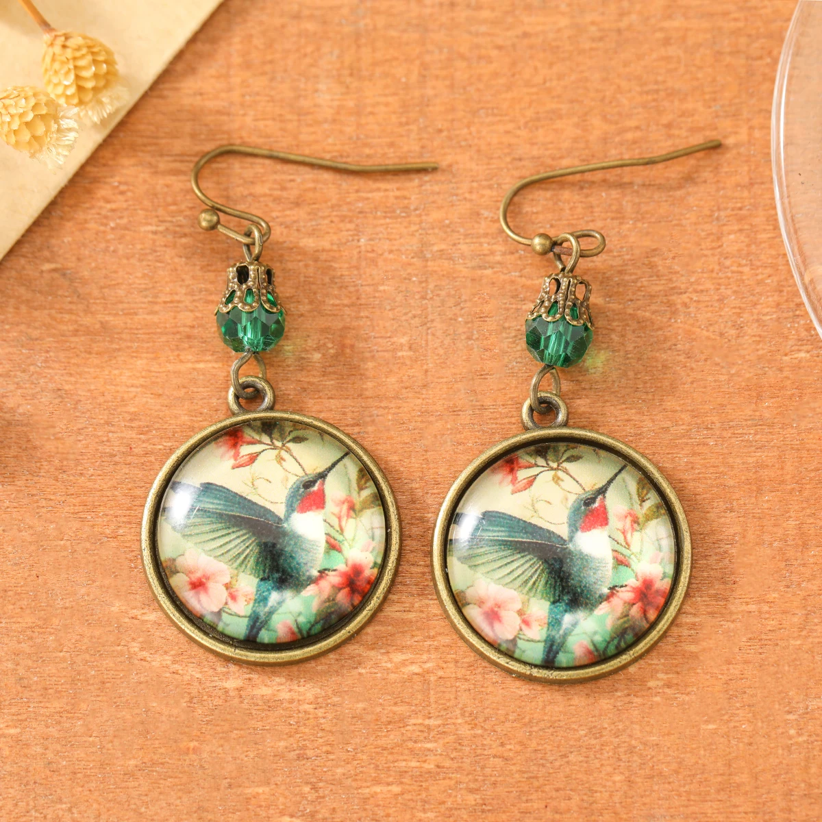 Vintage Distressed Style Hummingbird Print with Artificial Gemstone Earrings - Perfect for Party and Event Accessories.