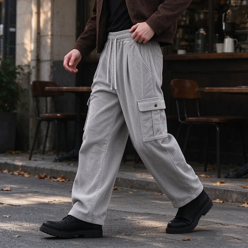 Men's Corduroy Cargo Pants Wide Leg Drawstring Elastic Waist Vintage Retro Streetwear Multi Pocket Loose Casual Trendy Trousers