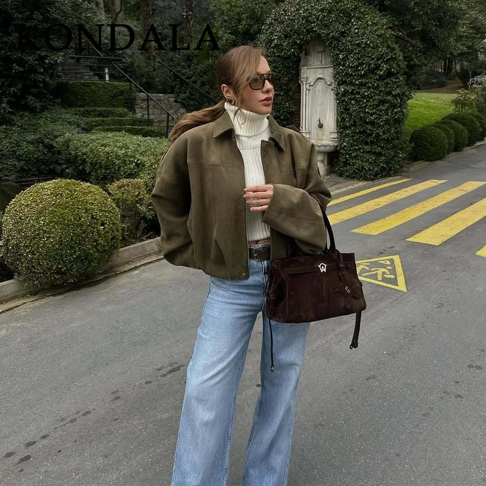 

KONDALA 2025 Fall Winter Women Bomber Jackets Oversized Halloween Christmas Business Casual Women Coats Solid Suede Ladies Coats