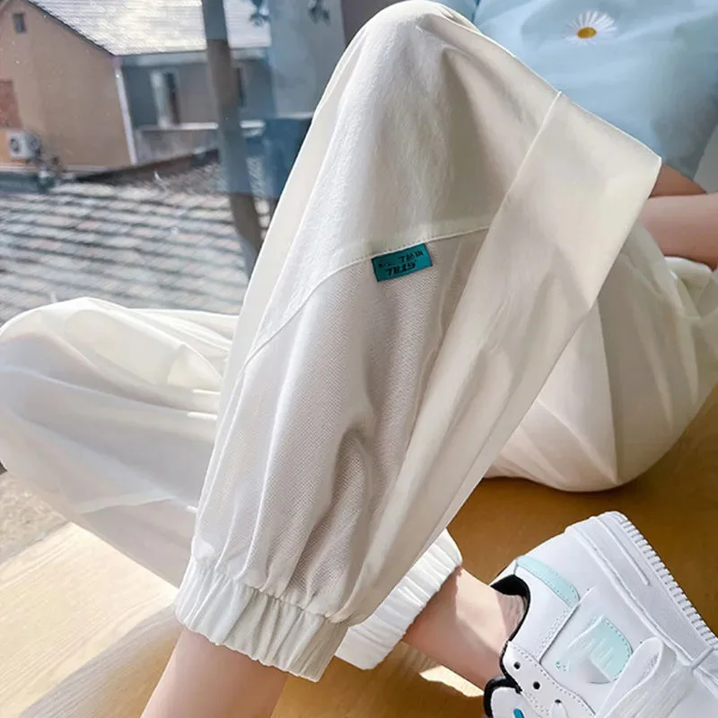 Women Spring Thin Viscose Cargo Pants Women's Crisp Silky Quick-Drying Fabric Sweatpants Korea Style High-waist Cropped Trousers