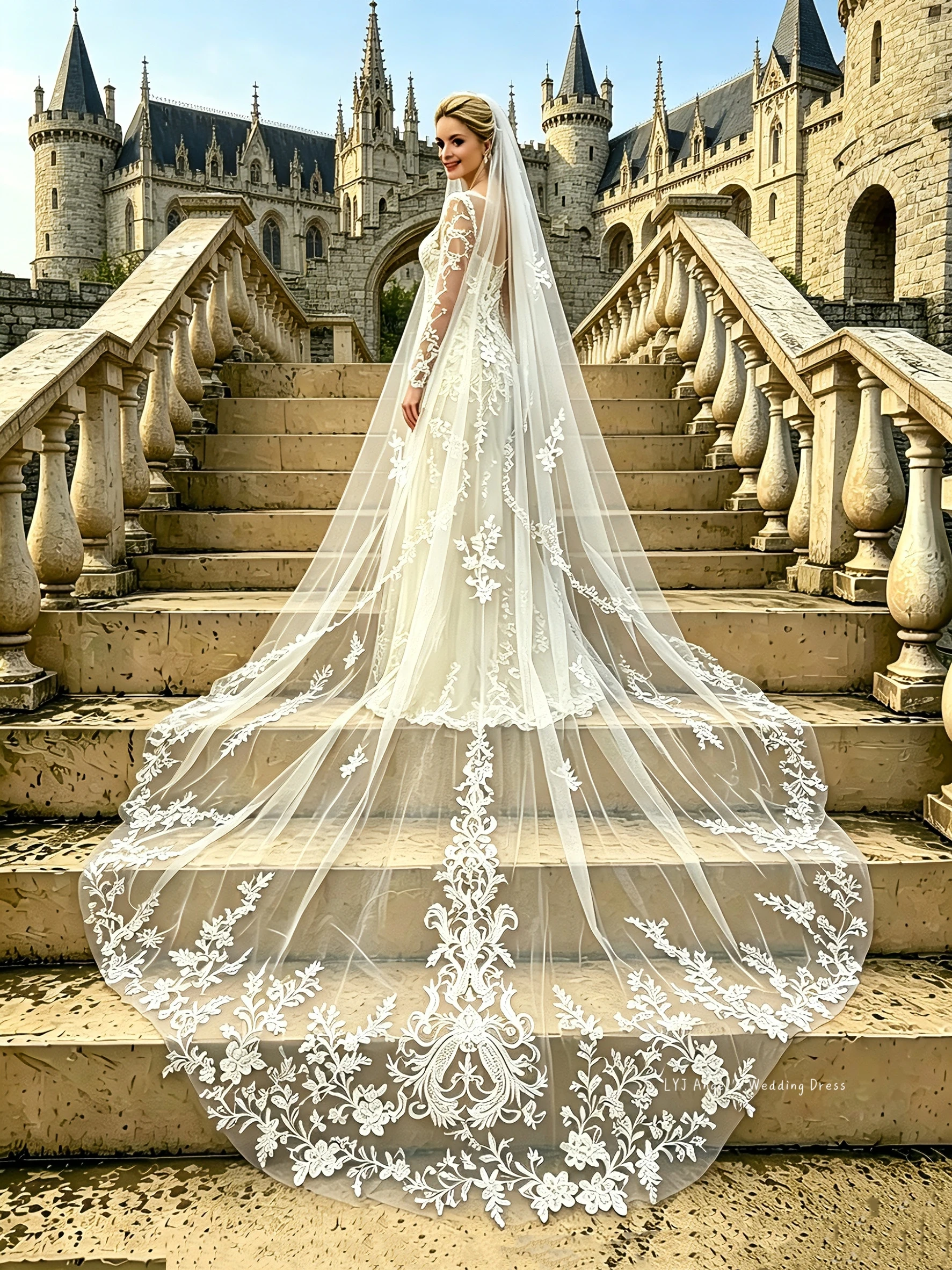Cathedral Wedding Veil 350CM Long Lace Applique Bridal Veil With Comb Ivory Tulle 1 Tier Wedding Accessories