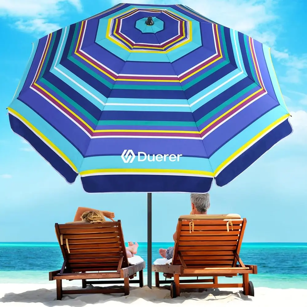 

Beach Umbrellas, 8.5Ft Beach Umbrella For Sand With Anchor Heavy Duty Windproof, Height Adjustable Tilt Iron Pole, Portable