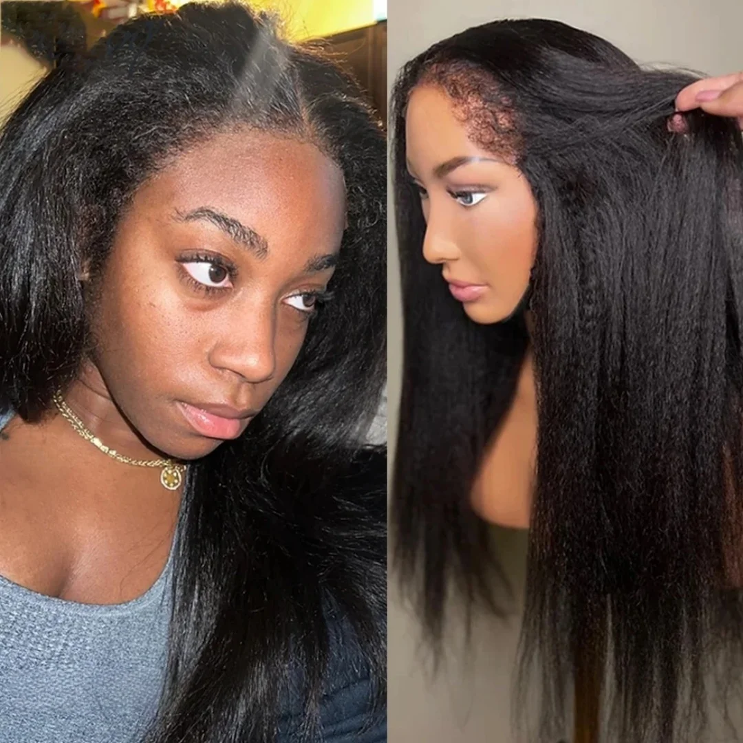 180%Density Long Natural Black Kinky Straight Yaki Soft 26Inch Lace Front Wig Preplucked Glueless Wig For Women synthetic