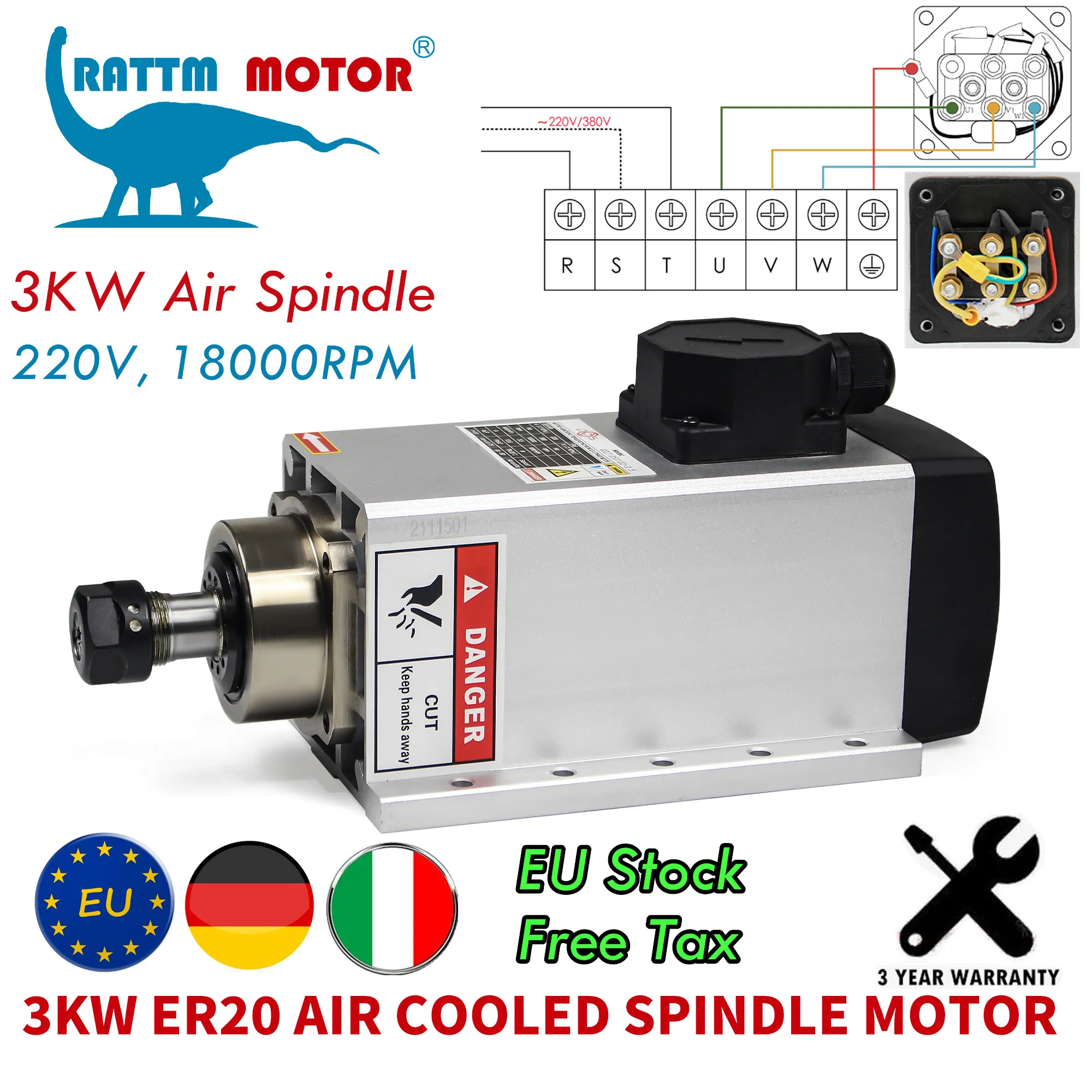 【EU Stock】Square Air Cooled Spindle Motor 220V 3KW ER20 Collets 4 Bearings High Speed for CNC Engraving Milling Grind