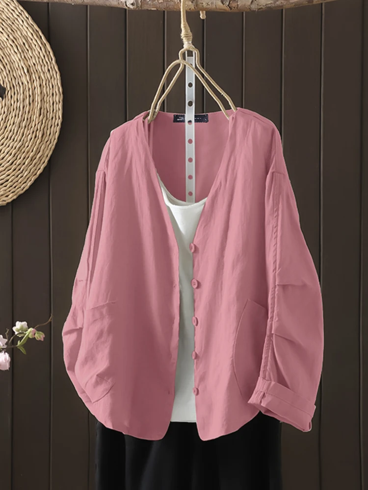 

ZANZEA 2025 Women Shirts Autumn Cardigan Fashion V Neck Buttons Pockets Tops Solid Color Casual Loose Long Sleeve Pleated Blusas