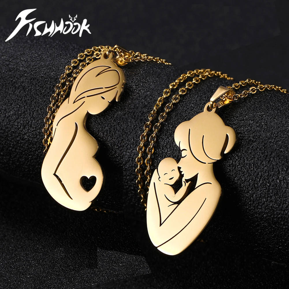 Fishhook Baby Mom Angel Mother Day Gift Necklace for Women Men Dad Family Father Child Kid Jewelry Chain Stainless Steel Pendant