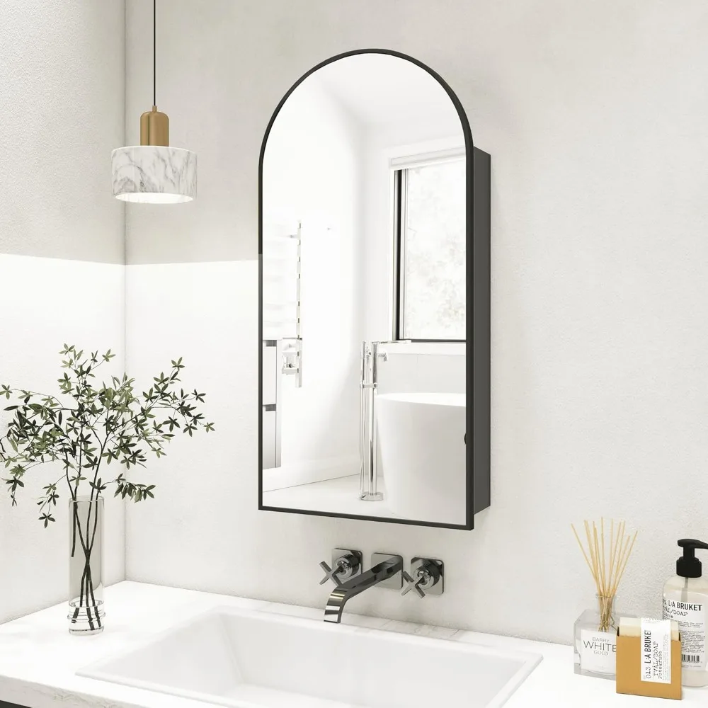 

Black Medicine Cabinet,Arched Medicine Cabinet with Mirror,Bathroom Mirror with Storage,Single Door Metal Bathroom Vanity Mirror