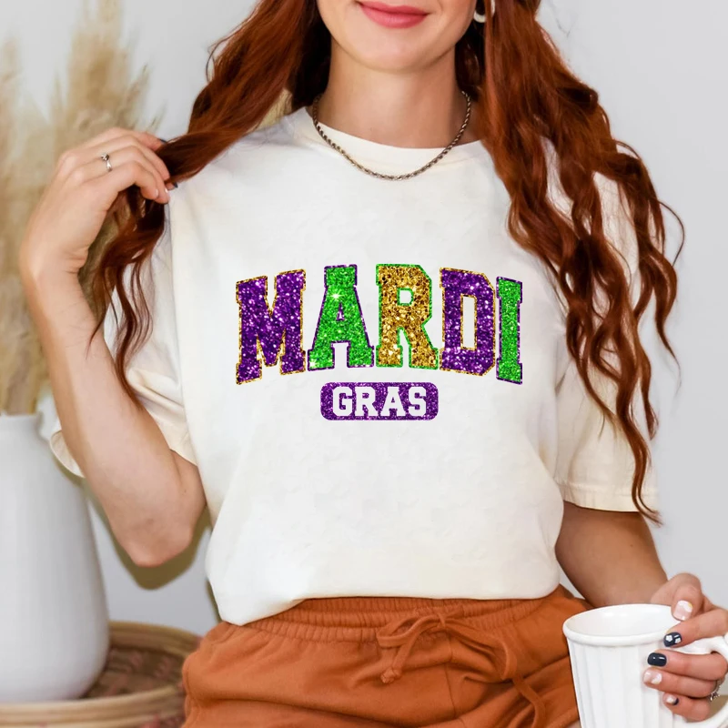 Women Mardi Gras Glitter T-shirt Aesthetic Louisiana Fat Tuesday Holiday Gift Tshirt Retro Mardi Gras Carnival Party Tee Top