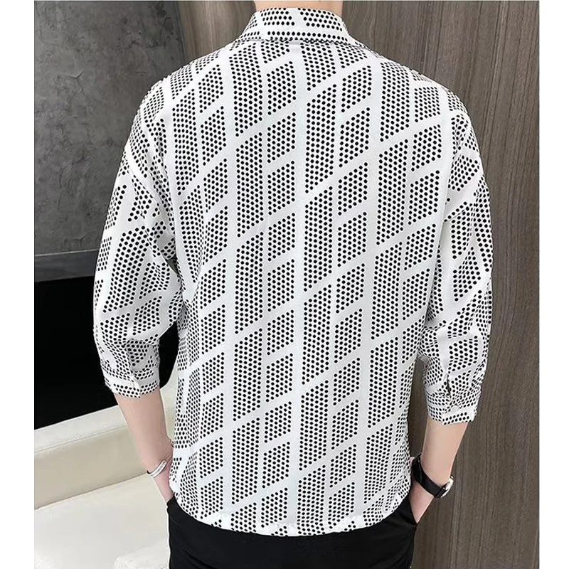 Men\'s Clothing Korean Fashion Print Business Casual Lapel Shirt Summer Three Quarter Sleeve Slim Ice Silk Tops Camisas De Hombre