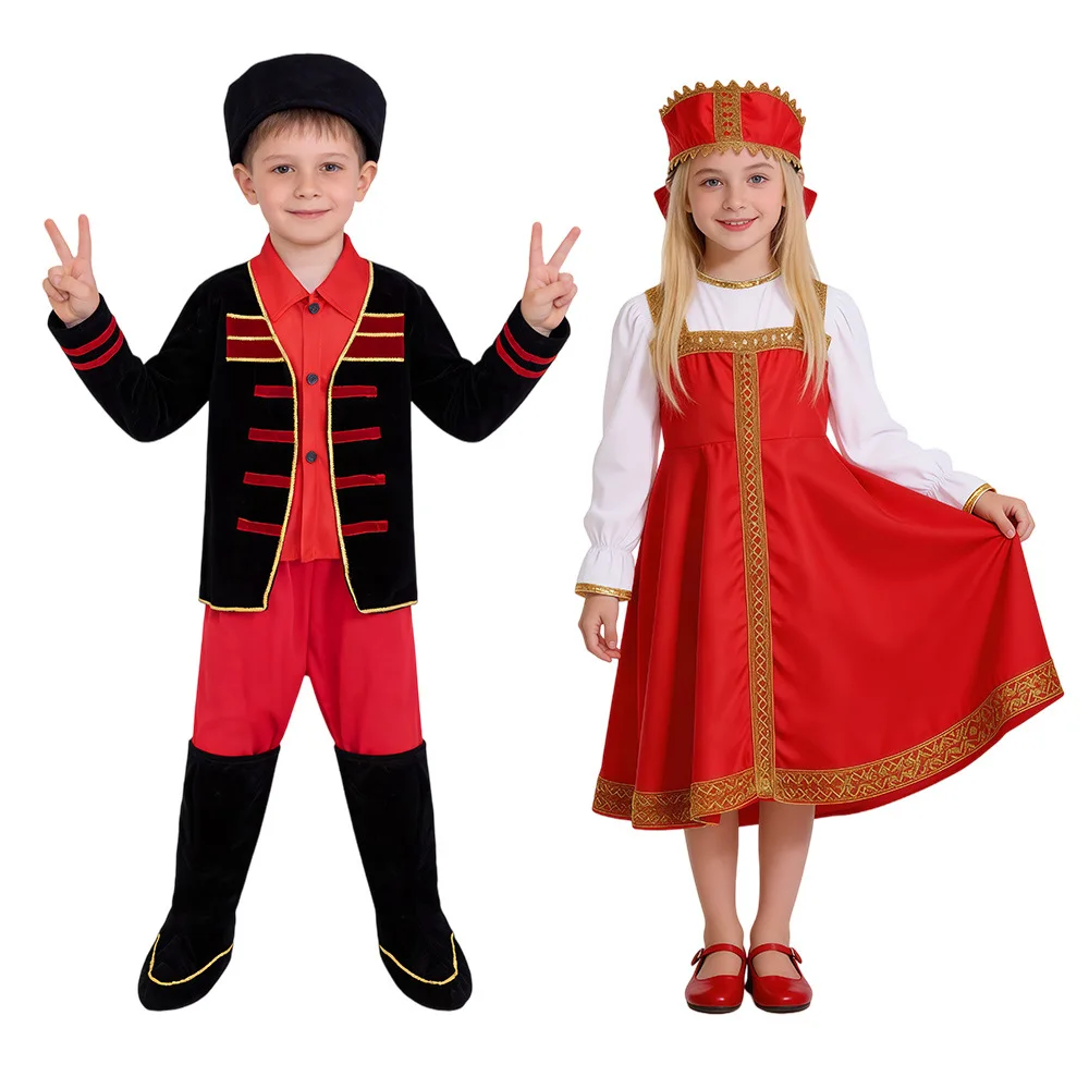 Kids Girls Russian Traditional Costume Halloween Carnival Fancy Dress Cosplay Party Stage Performance Outfit