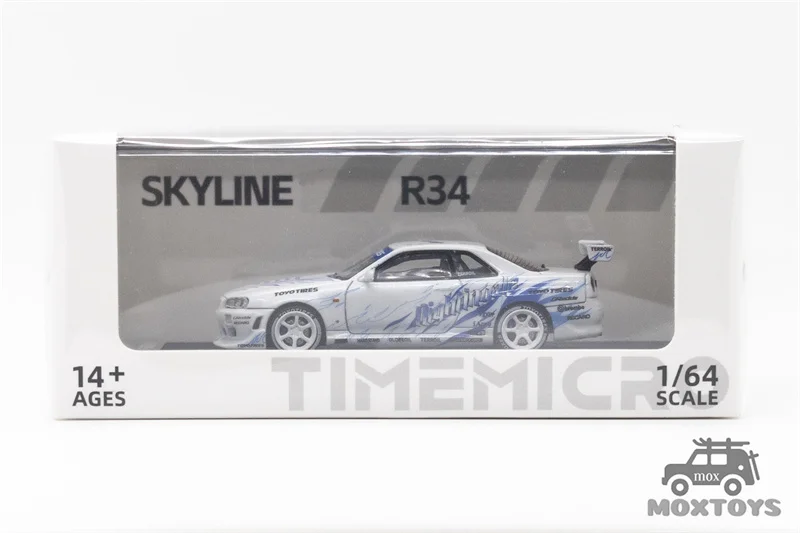 Time Micro 1:64 Fiamma alla deriva bianca Skyline R34 Modellino di auto