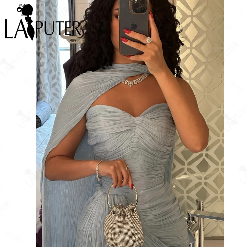 فساتين سهرة زرقاء مجعدة عمود متدفق طويل كيب الشريط فستان حفلة موسيقية ثنيات امرأة فستان رسمي شق