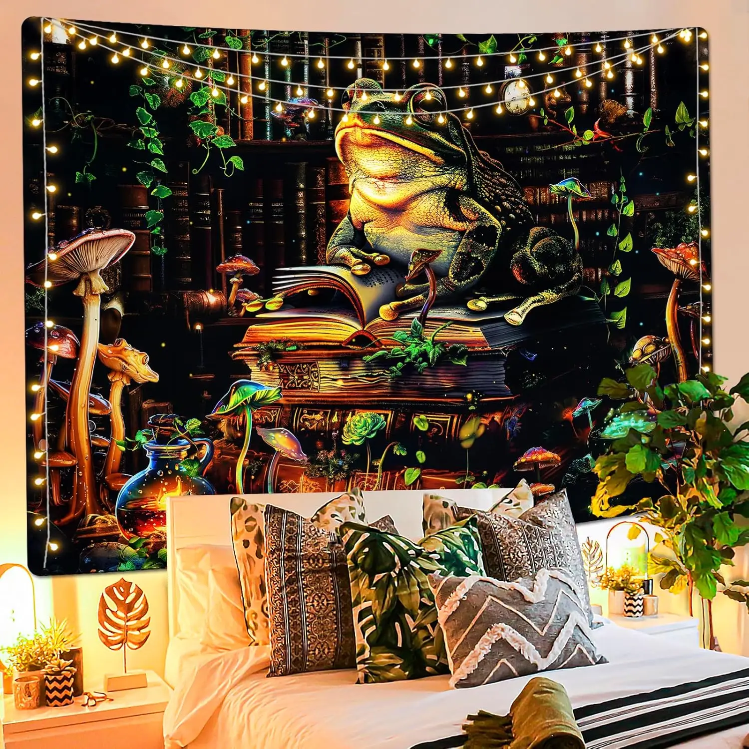 frog tapestry retro bookshelf retro books aesthetic plant mushroom tapestry fantasy animal 70X100CM 150X200CM