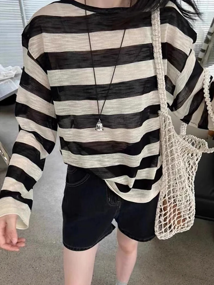 

Lightweight Breathable Color Blo Stripe Sun Protection Cover up Long Sve Soft Women's Top Summer European Sle Slimming...