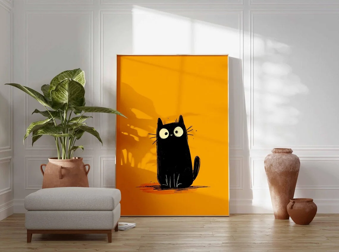Black Cat Poster, Cute Cat Wall Art Print, Bold Orange Background, Funny Minimalist Cat Illustration, Quirky Animal Decor for Ca image 5