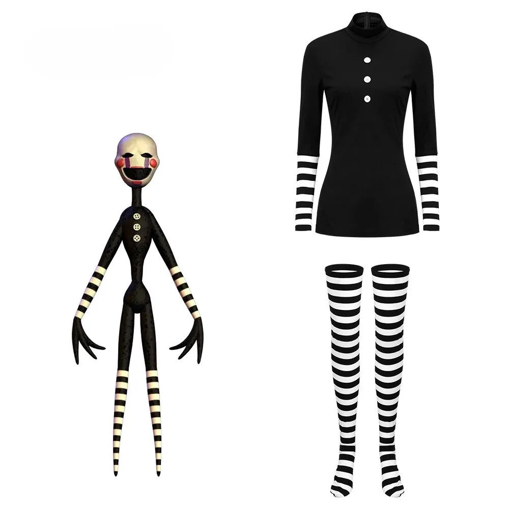 Déguisement Pantin Clown Femme – Haut Noir, Manches Rayées et Chaussettes Hautes – photo 2