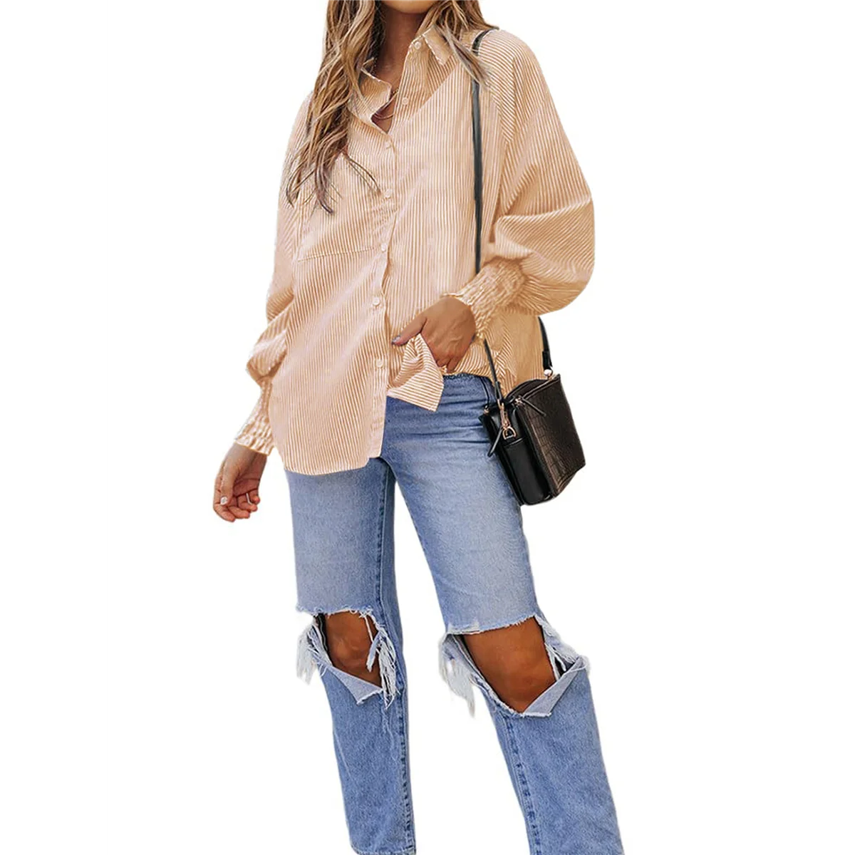 여성용 스트라이프 스모크 커프스 보이프렌드 블라우스 러플 슬리브 캐주얼 튜닉 탑 포켓 포함 옐로우 L