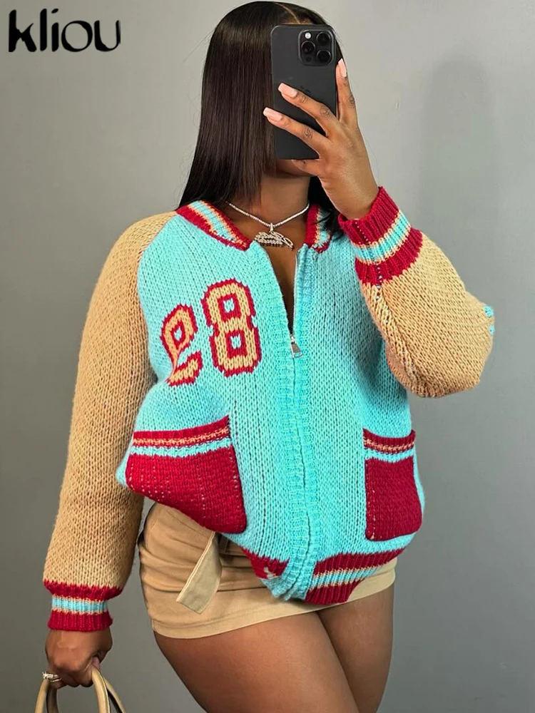 kliou Knitted Number Panelled Design Sweaters Women Classic Warm Zip-up Long Sleeve Pockets Crochet Tops Female Street Clothing