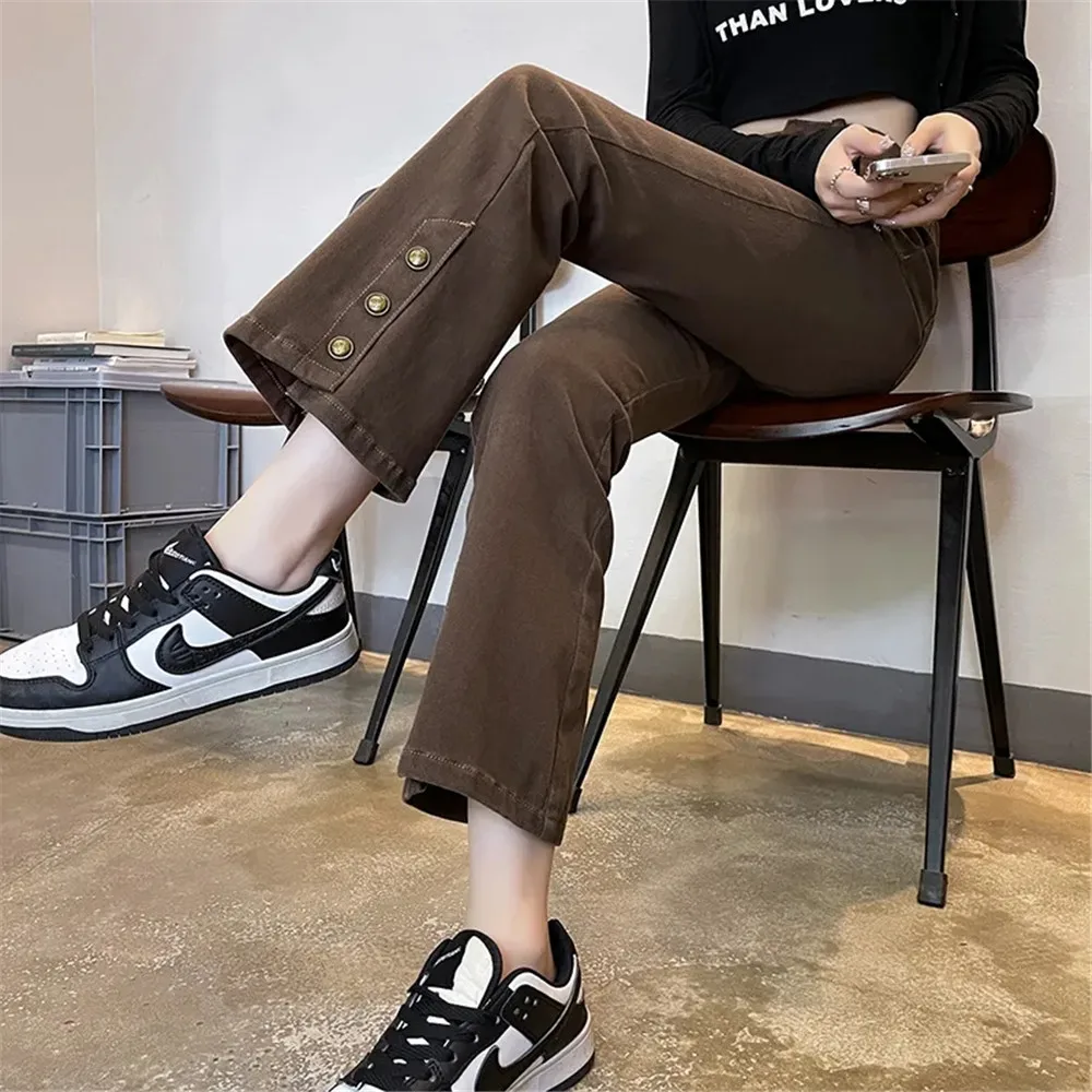 

Irregular Button Black Jeans Autumn Women'S High Waist Slimming Cropped Pants Small Slightly Flared Split Niche Design Pants