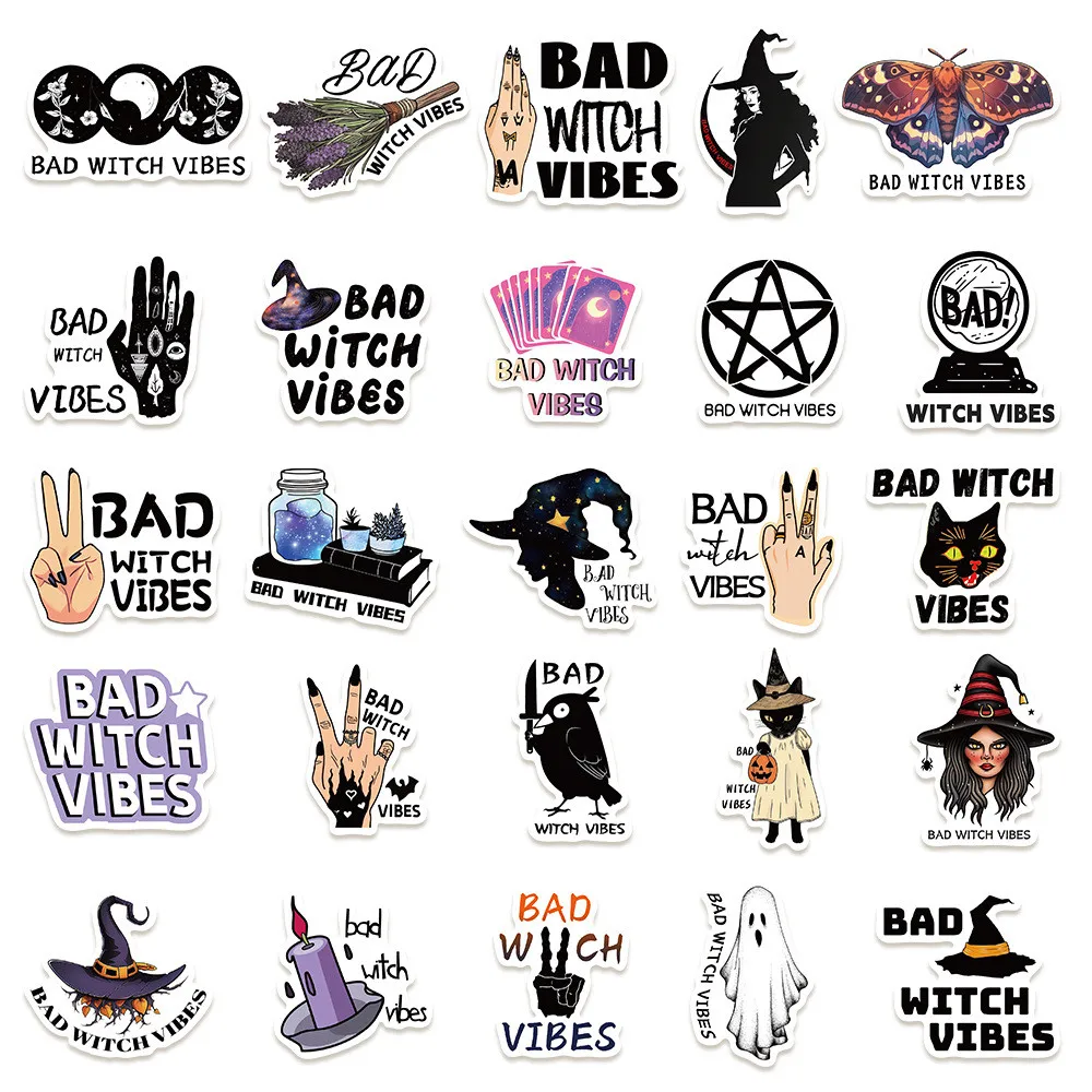 ملصقات مكونة من 50 قطعة من ملصقات Edgy Bad Witch Vibes - شارات زخرفية لأجهزة الكمبيوتر المحمولة والقيثارات وألواح التزلج والمجلات وتسجيل متجر YourLife