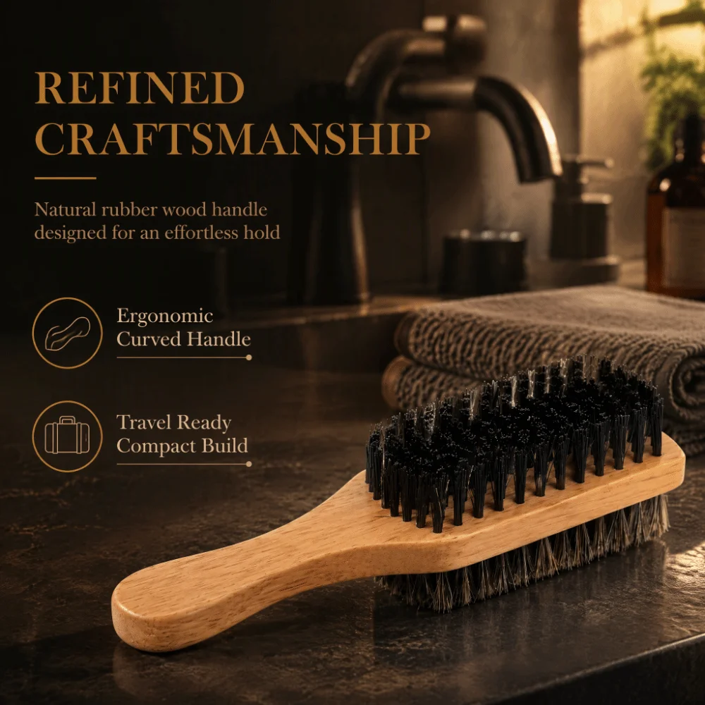 Brown Double Sided Beard Brush Nylon Side Rubber Wood Handle Beard Grooming Tool Detangling Ergonomic Handle Mustache Brush