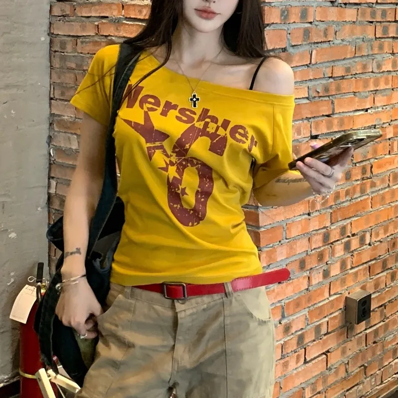 

Летняя базовая модель с буквенным принтом, женская футболка с коротким рукавом и косым воротником, женская уличная мода, винтажные сексуальные облегающие футболки