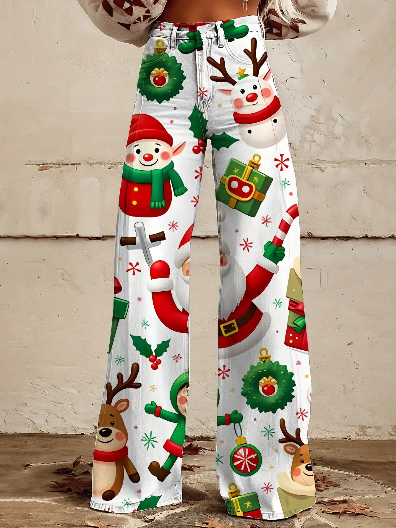 Christmas Gift Box Sweet Full Print Women's Loose Horn Imitation Jeans, with a denim craftsmanship,