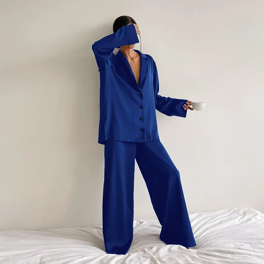 Elegant Pajamas for Women Solid Loose Turn-down Neck Blouse Trousers Pyjamas Set 2pcs Home Sleep Nightwear Lingerie for Ladies