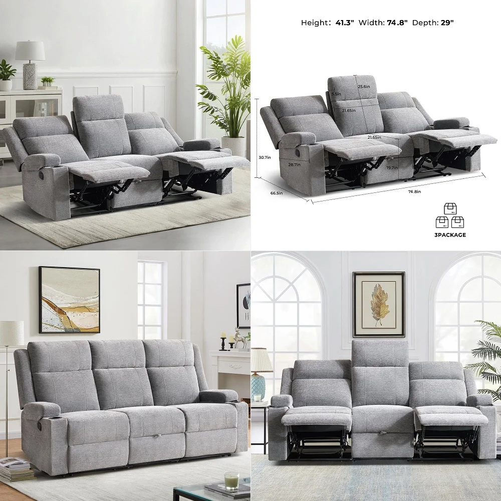 

Large Manual Reclining Sofa 3Seater Chenille Reclining Couch with Cup Holders, Wide Seat, Easy Assembly amp SpillResistant Fabr