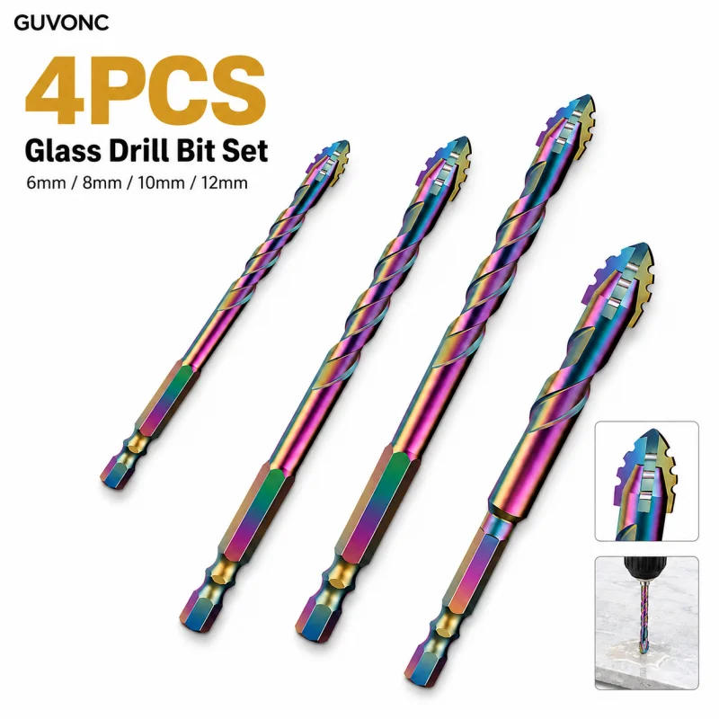 Colorful Multi‑Material Drill Bits 4Pcs 6‑12mm Hex Shank Carbide Tip for Tile, Brick, Metal & Glass DIY Work