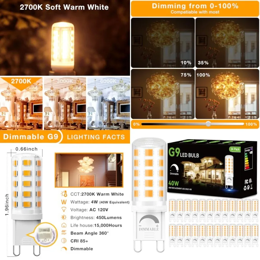 

DAYBEETER Dimmable G9 LED Bulb 4W 40 Watt Equivalent,Soft Warm White, G9 Halogen Bulb T4 G9 Bi-pin Base Light Bulbs for Chandel
