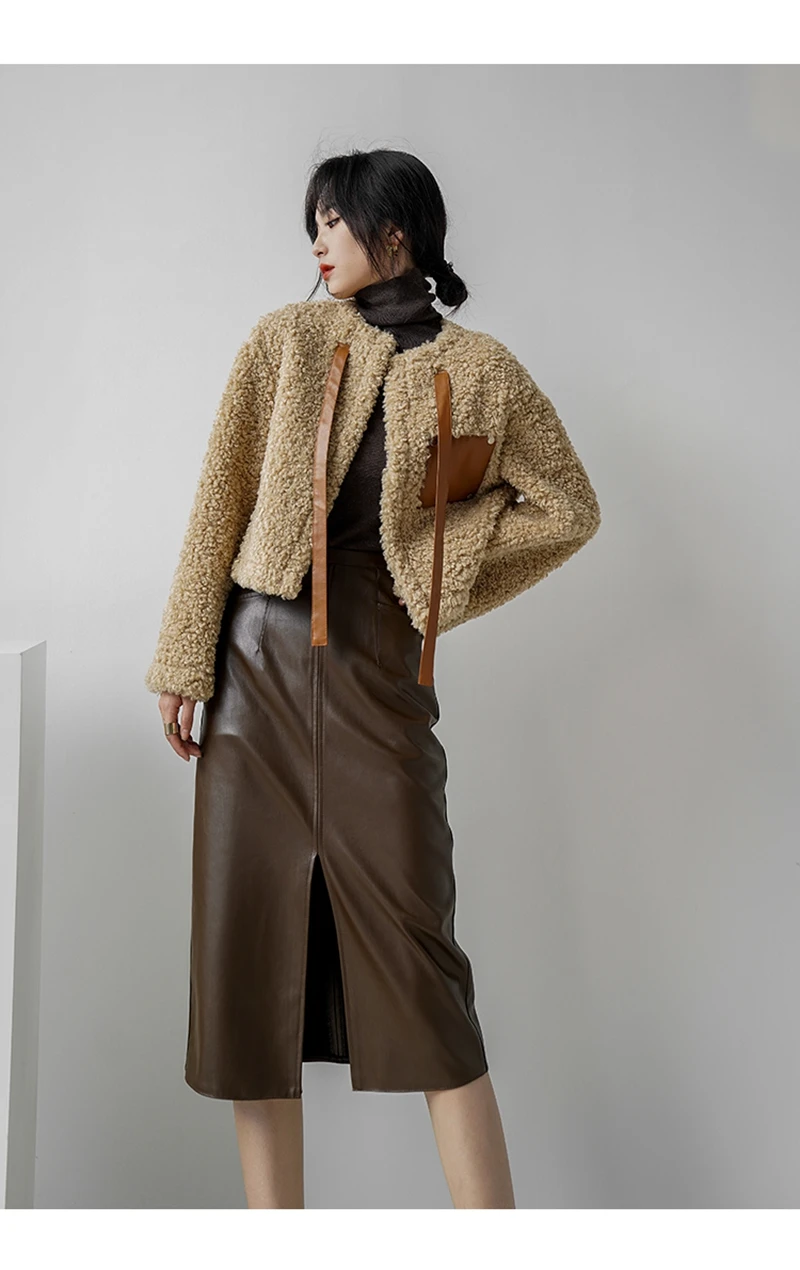 Genuine Leather Mid Length Skirt, Fashionable Versatile, Coffee Colored, Long Skirt with Buttocks, Sheepskin, Half Length Skirt