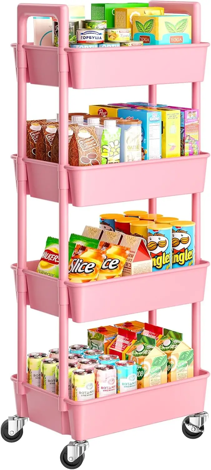 

4-Tier Rolling Storage Cart with Lockable Wheels, Lightweight Organizer for Kitchen, Nursery, Craft Room in Pink