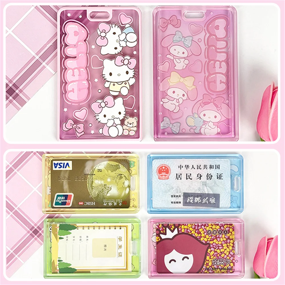 Kawaii Sanrio Hello Kitty Kuromi Acrylic Subway Bus ID Card Protective Sleeve Slide Cover Card Storage Case Keychain Pendant