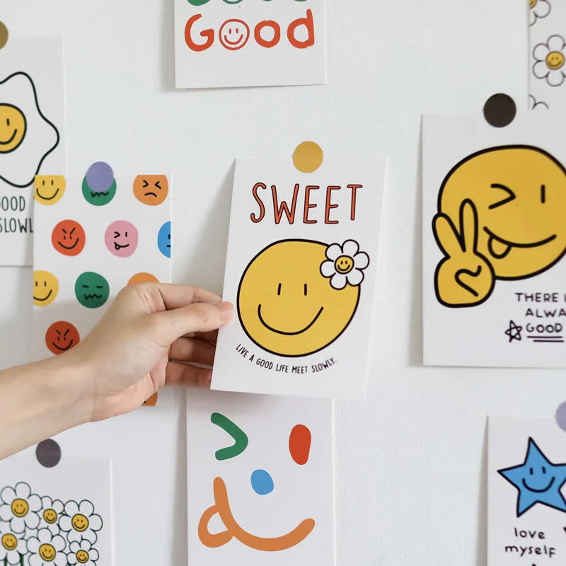 Ins Smiling Face Colorful Funny Postcards Background Wall Desktop Cute Decorative Card Diy Photo Props Free Sticker 30 Sheets
