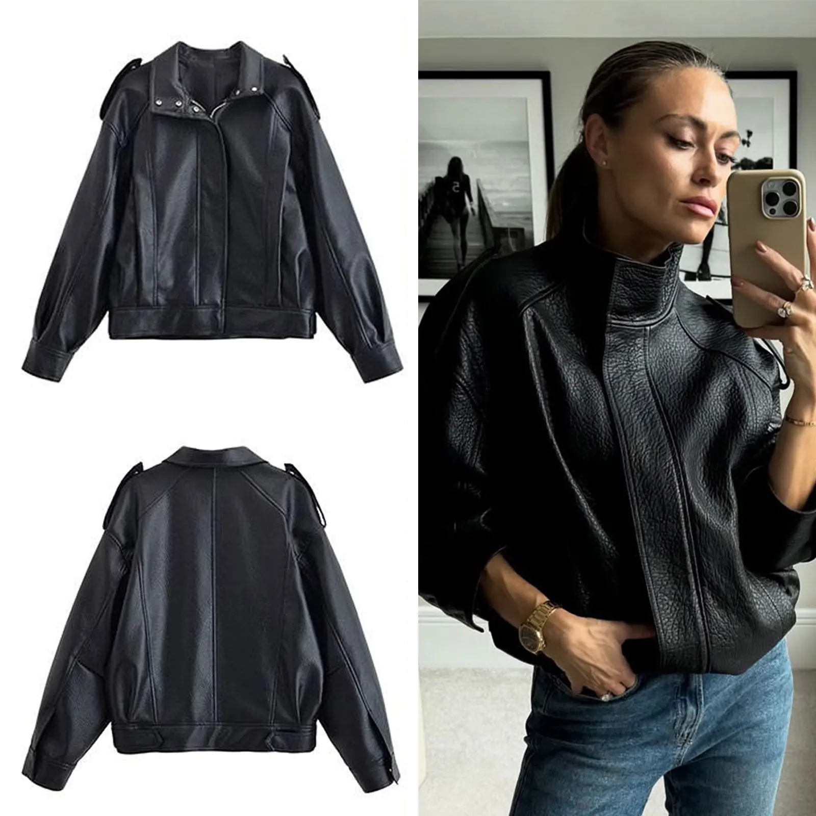 

Зимние винтажные куртки из искусственной кожи для женщин, повседневные пальто на молнии с длинными рукавами и высоким воротником, осенняя женская уличная модная верхняя одежда