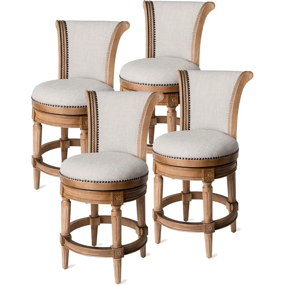 Tall Counter Height Upholstered Barstool with Back in Weathered Oak Finish with Sand Color Fabric Cushion Seat, Set of 4