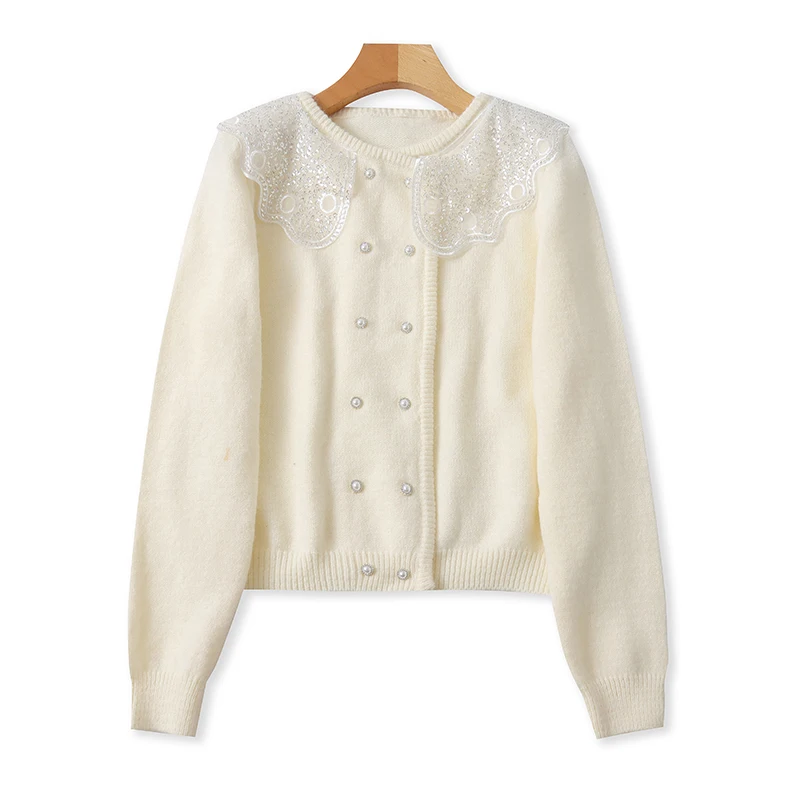 

Faionable Long Sve Knitted Cardigan Double Button Pearl Embellied Large Collar Spring Autumn New Sle Women's Top