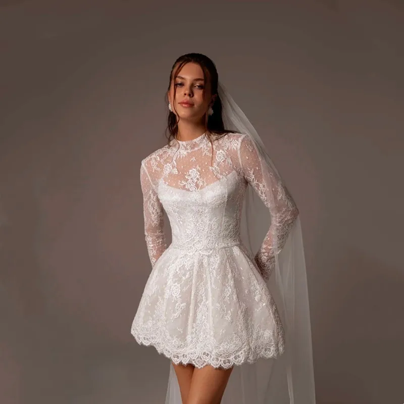 

Vintage A-Line Lace Appliques Mini Wedding Dress For Women Simple High Neck Illusion Long Sleeves Gown Short Dress Customized