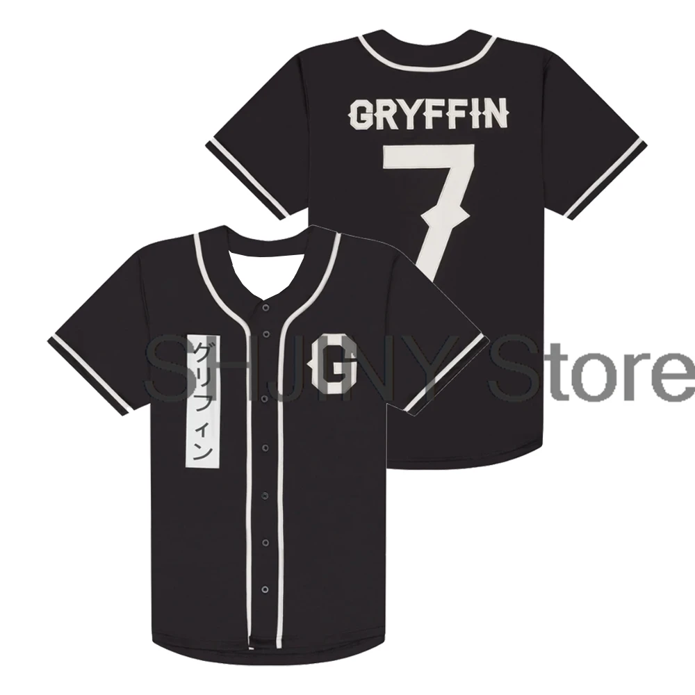 Gryffin Katakana Jersey Baseball Jacket Shirts V-Neck Short Sleeve Black Tee Women Men Streetwear Tops Hip Hop Clothes