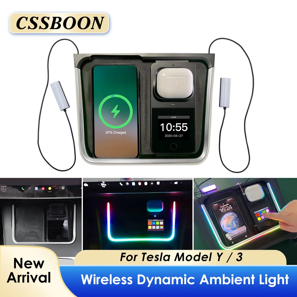 CSBOON-テスラ用ワイヤレス充電器,センターコンソール,アンビエントライト,車の改造部品,テスラアクセサリー,モデル3歳,2024