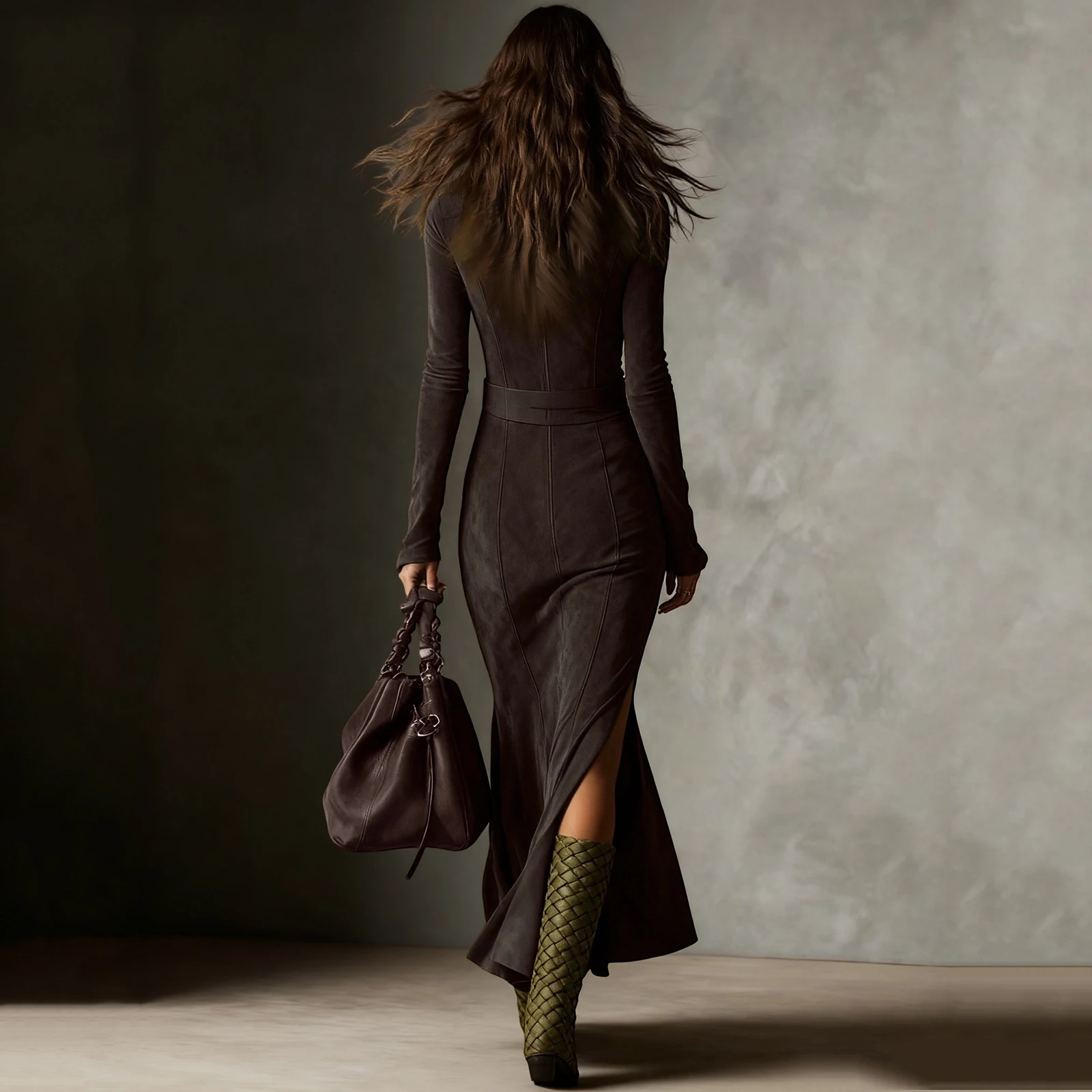 Women's Western Shirt Dress Ruched Wrap Maxi Dress High Slit Ruffle Hem Long Sleeve Flowy Chic Elegant Outing Dress