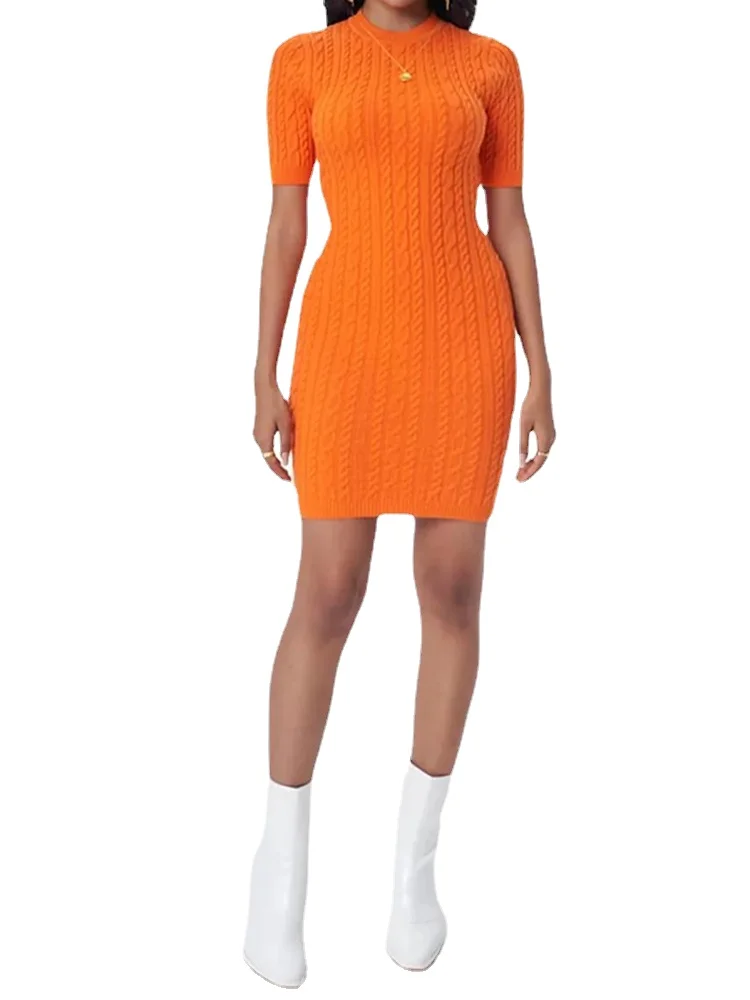 Women O-neck Short Sleeve Criss Cross Knitted Dress Stretchable Slim Orange Beige Mini Dresses