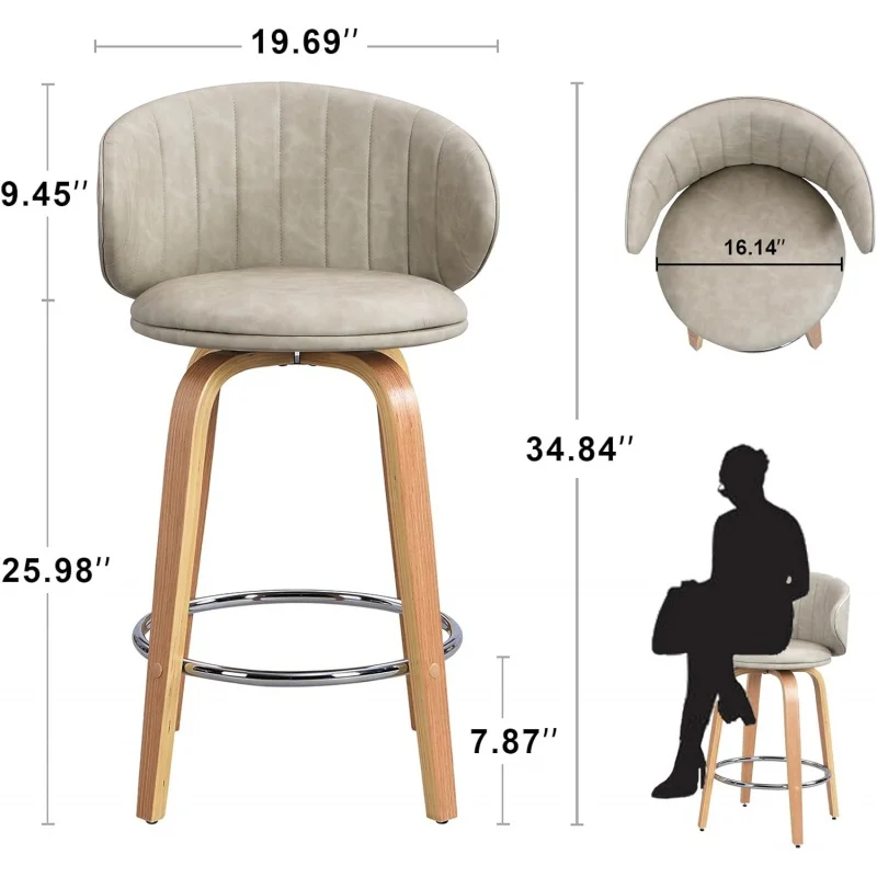 Modern Bar Stool 2 Set Medieval Curved Wood Bar Stool Rotating Leatherette Stool with Backrest Suitable for Kitchen Counter Dini