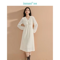 INMAN 2024 autumnwinter Lace hollow women's Dress V-neck long-sleeve waist slimming dating dress