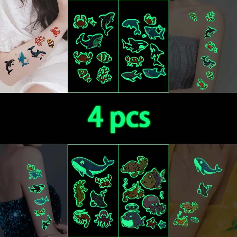 

4 Sheets Glow-in-the-Dark Ocean Creature Shark Waterproof Temporary Tattoo Sticker, for use on arms, Long-lasting, Fake Tattoo
